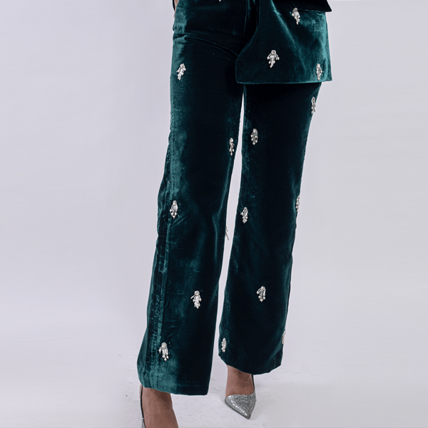 High-Waist Velvet Trousers with Embellishments