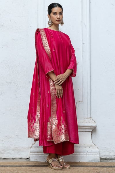 Image of Bright Rose Pink Zari Woven Bemberg Silk Salwar Suit with Zari Woven Monga Silk Jacquard Dupatta