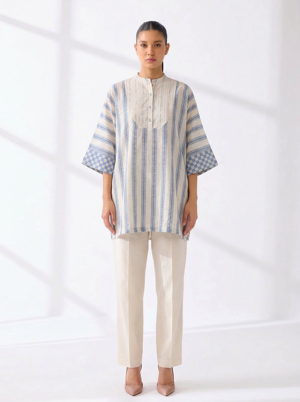 Cream and Blue Mul Chanderi Co-ord Set with Slip