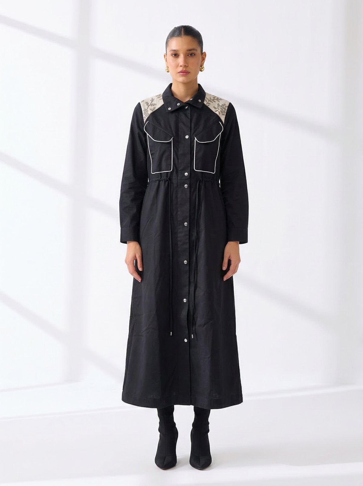 Black Longline Trench Coat with Drawstring Waist