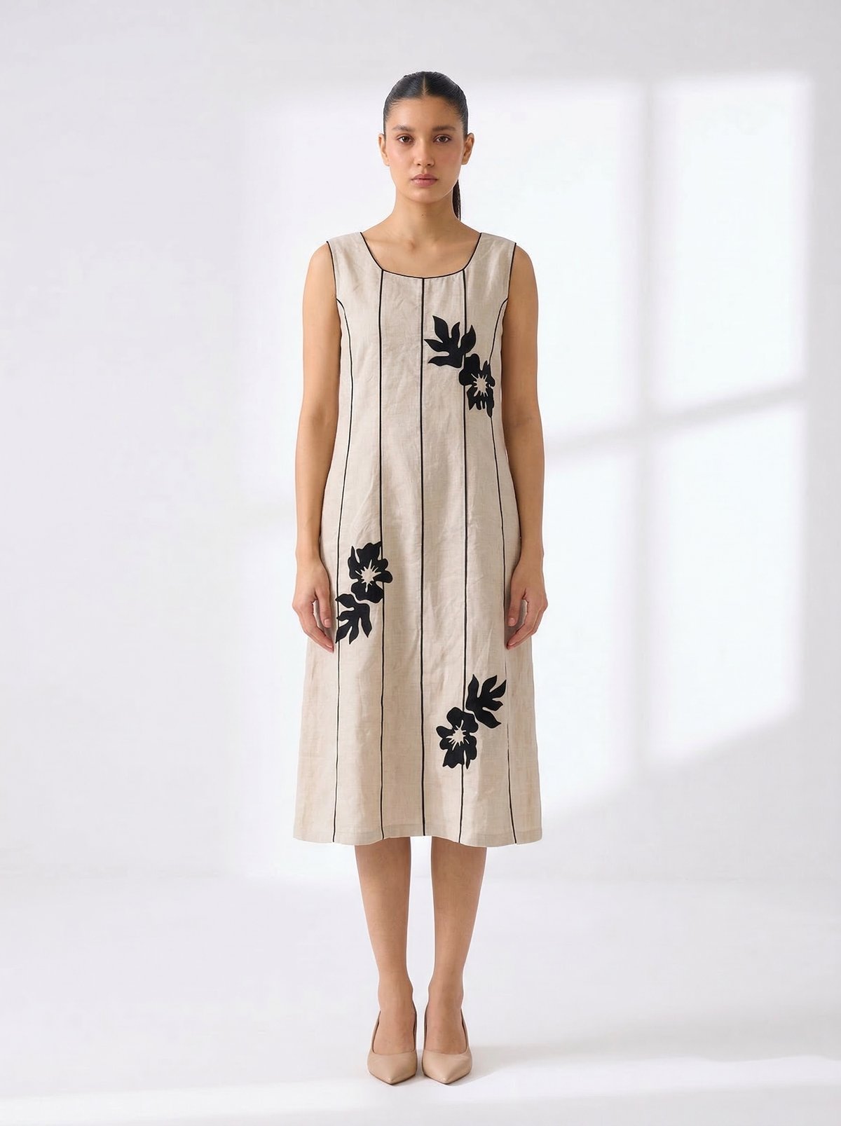 Beige Linen Square Neck Midi Dress with Black Applique