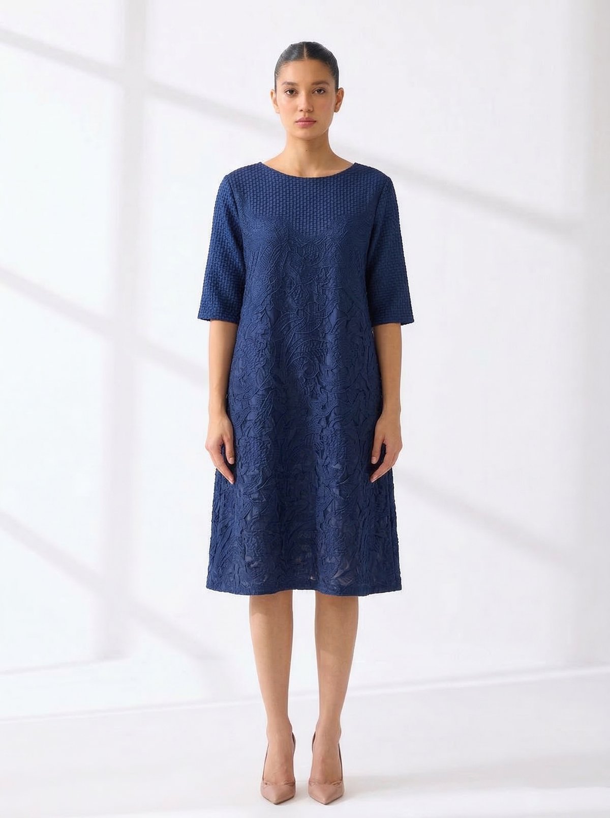 Blue Textured A-Line Knee-Length Dress