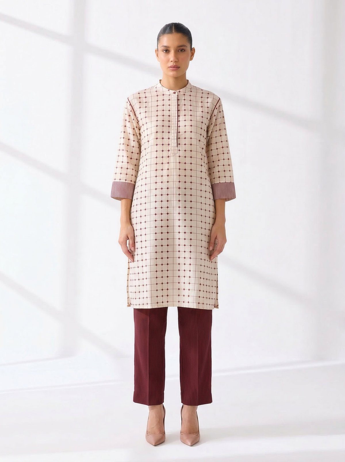 Cream and Maroon Geometric Print Kurta Co-ord Set