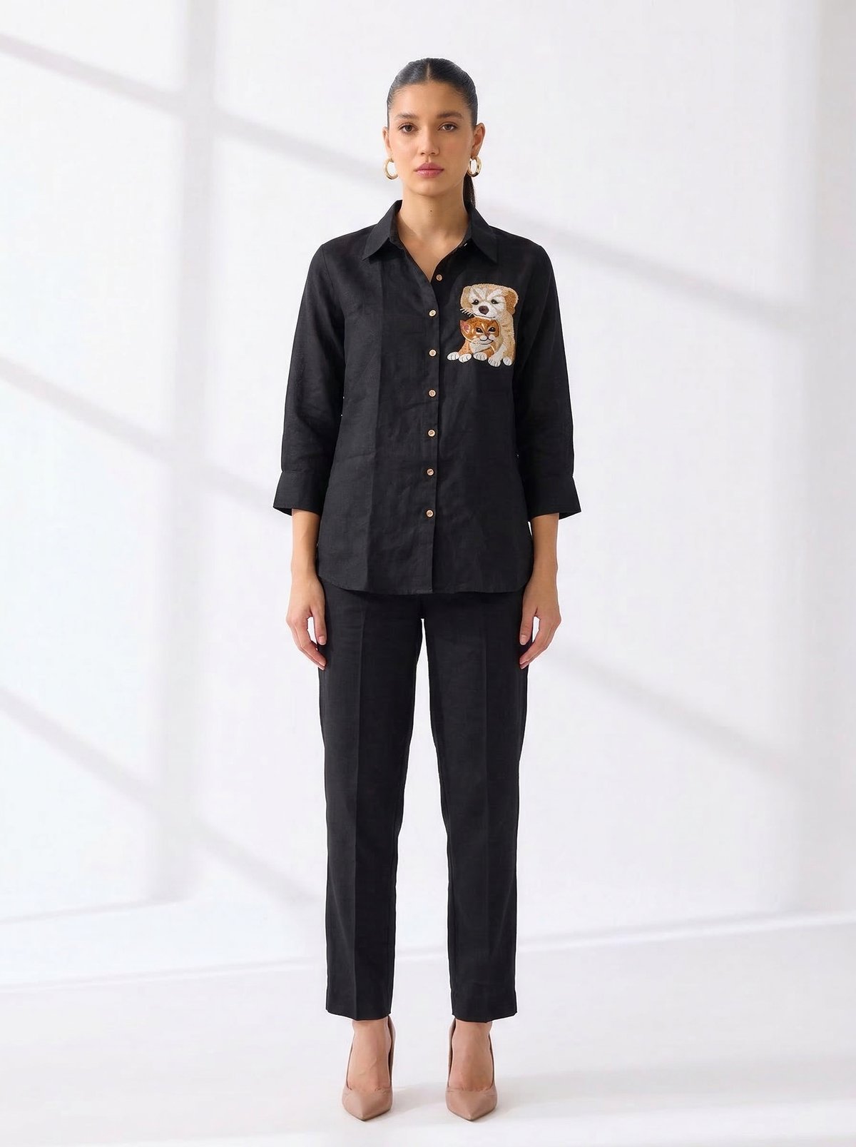 Black Linen Relaxed-Fit Shirt With Embroidered Motif