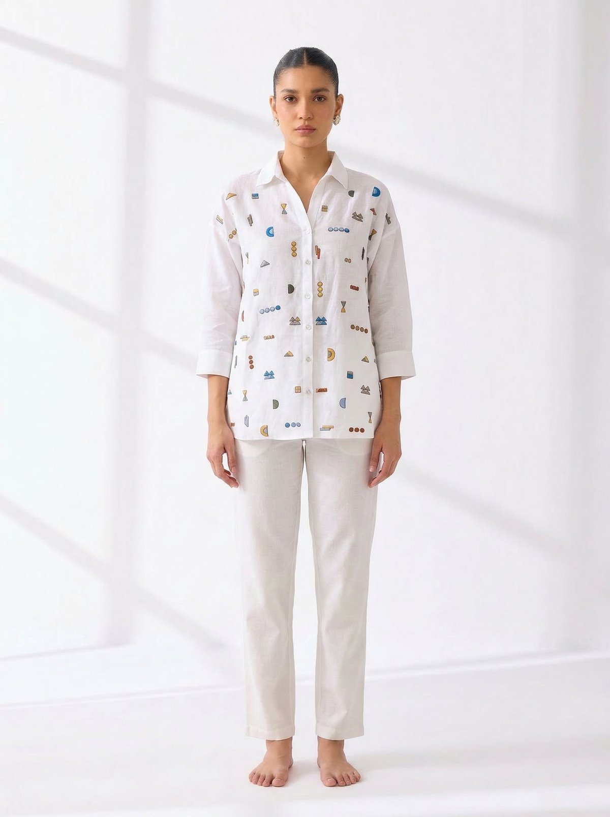 White Printed Linen Button-Down Shirt
