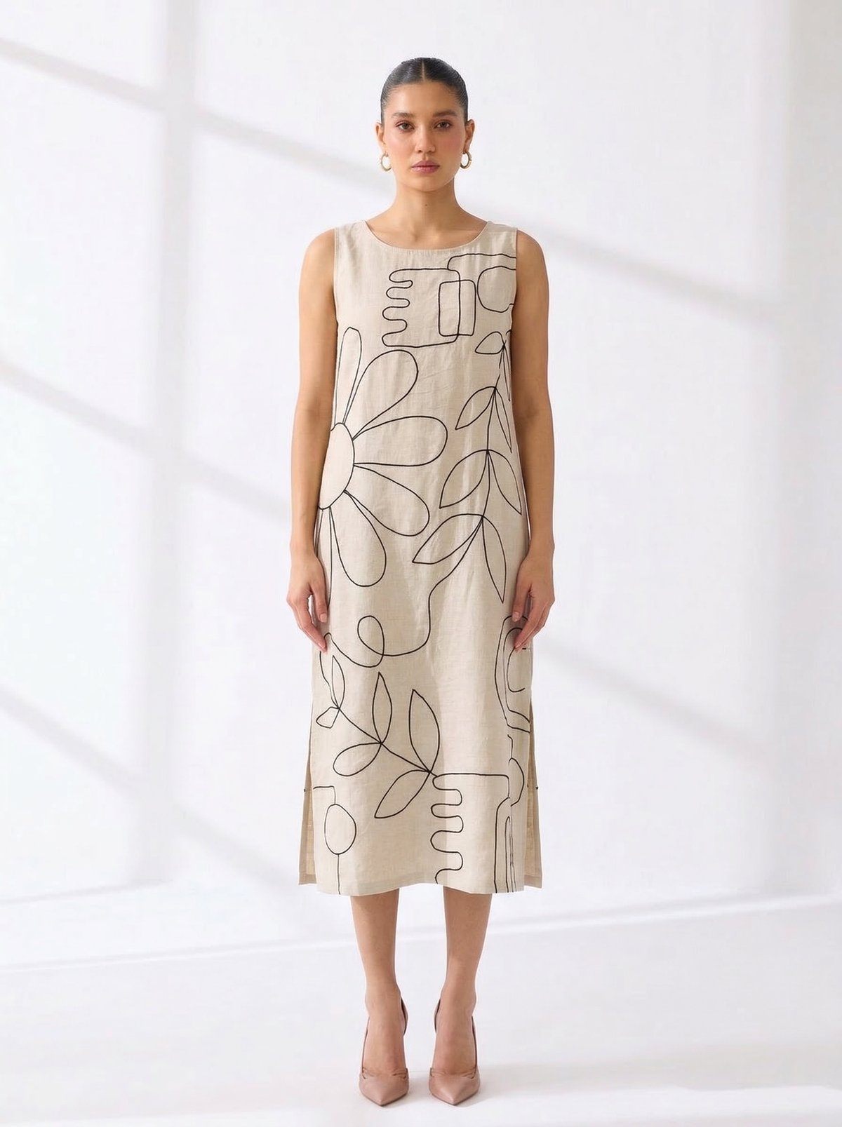 Beige Linen Abstract Print Sleeveless Midi Shift Dress