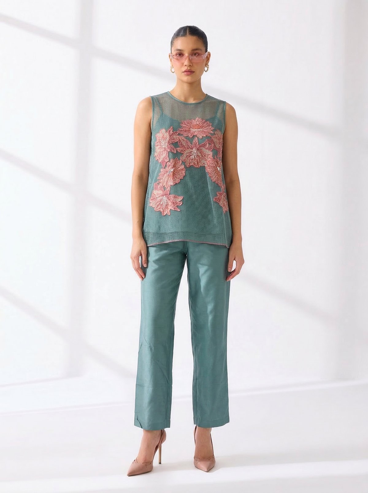 Green Net Floral Applique Co-ord Set with Straight Pants