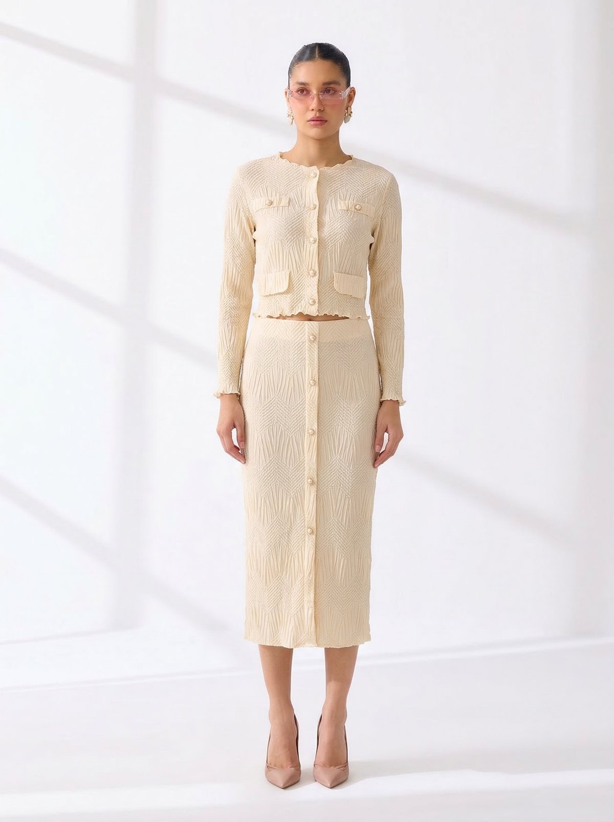 Ivory Textured Knit Co-ord Set with Crop Top and Midi Skirt