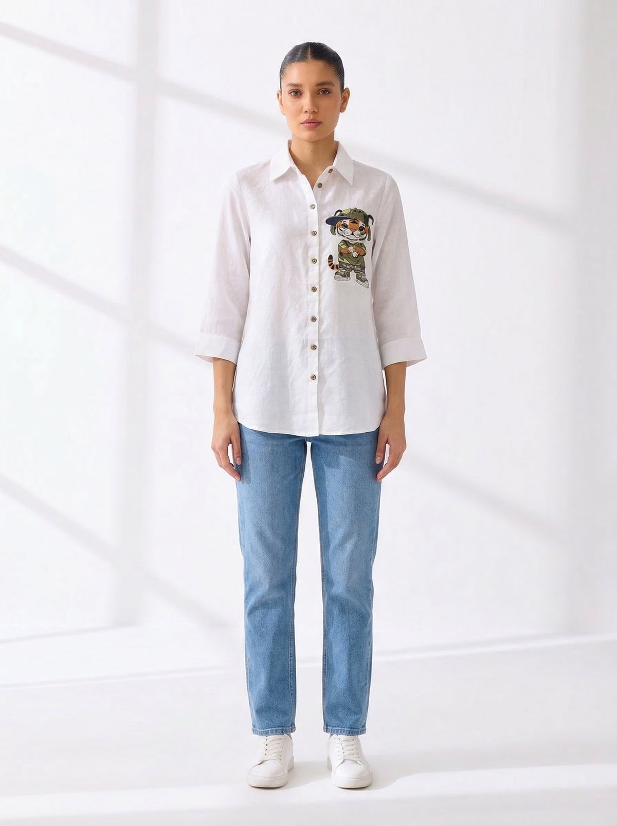White Linen Relaxed-Fit Shirt with Chest Embroidery