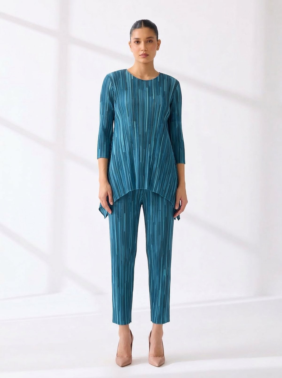 Blue Pleated Tunic and Tapered Pants Co-ord Set