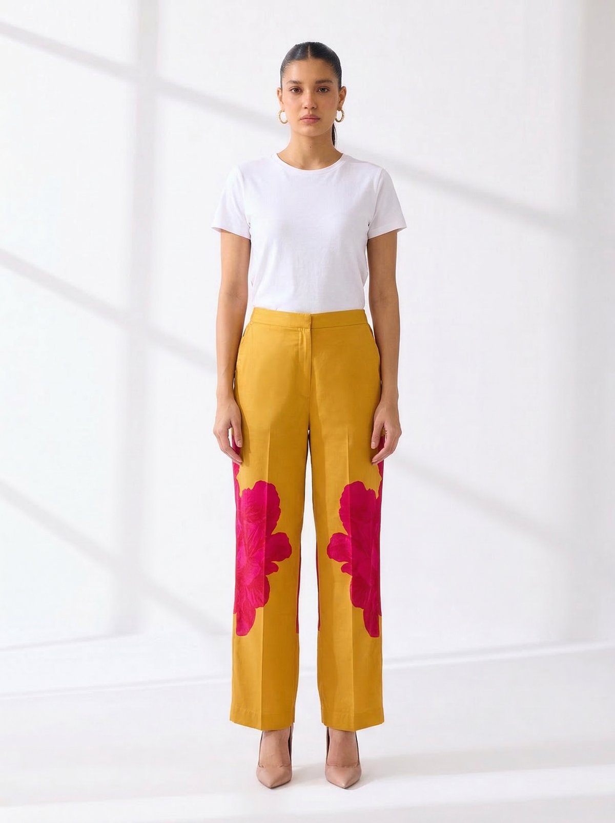 Dandelion Yellow Straight-Leg Floral Embroidered Trousers