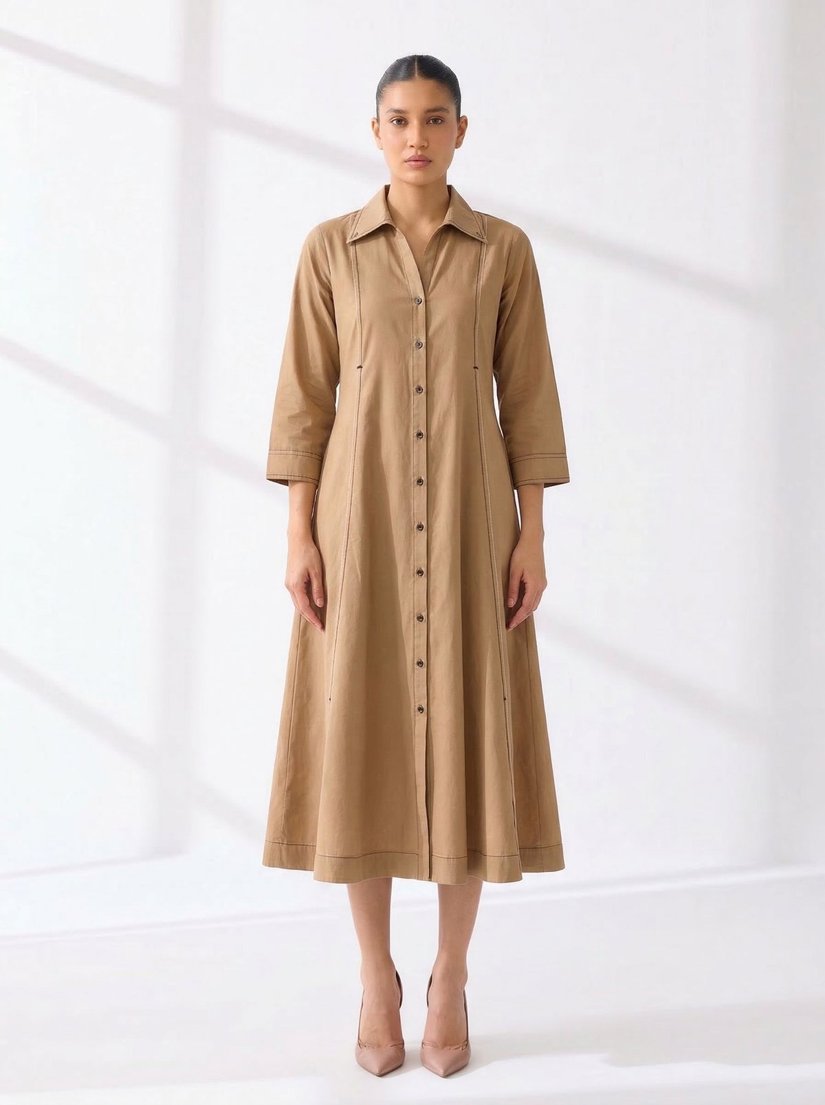 Beige Cotton Muslin Midi Shirt Dress