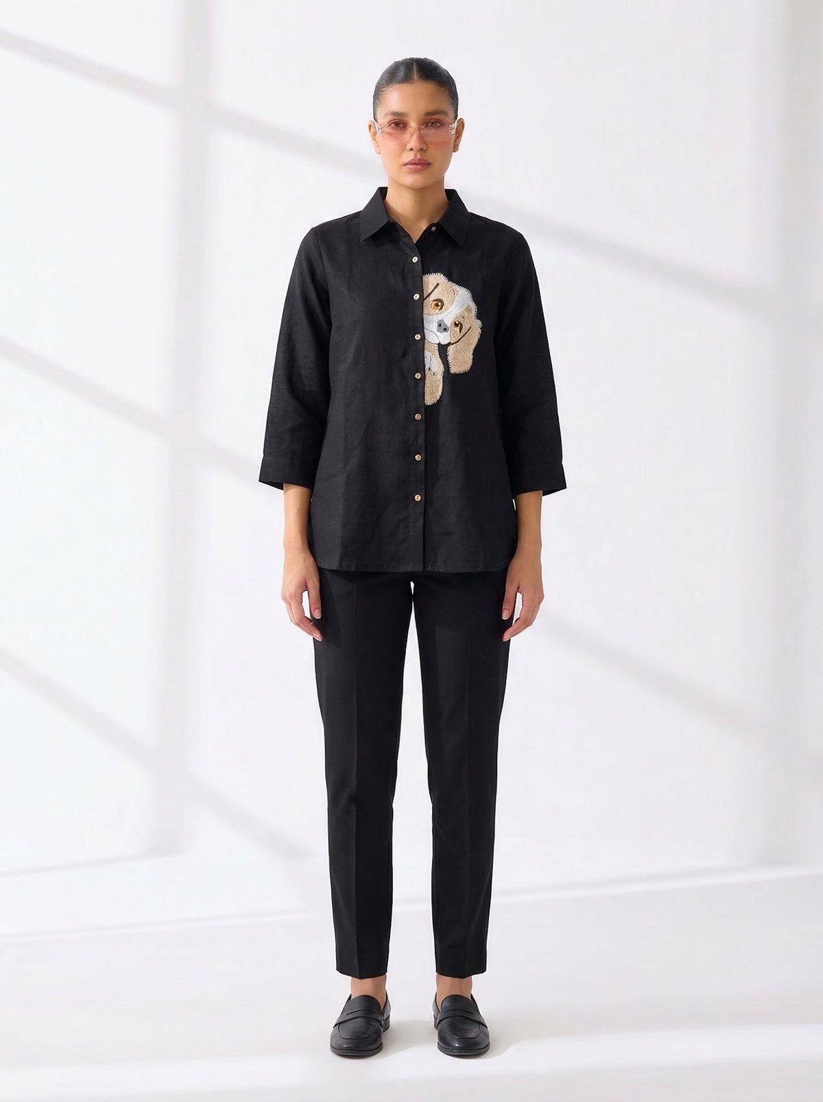 Black Linen Shirt with Chest Embroidery