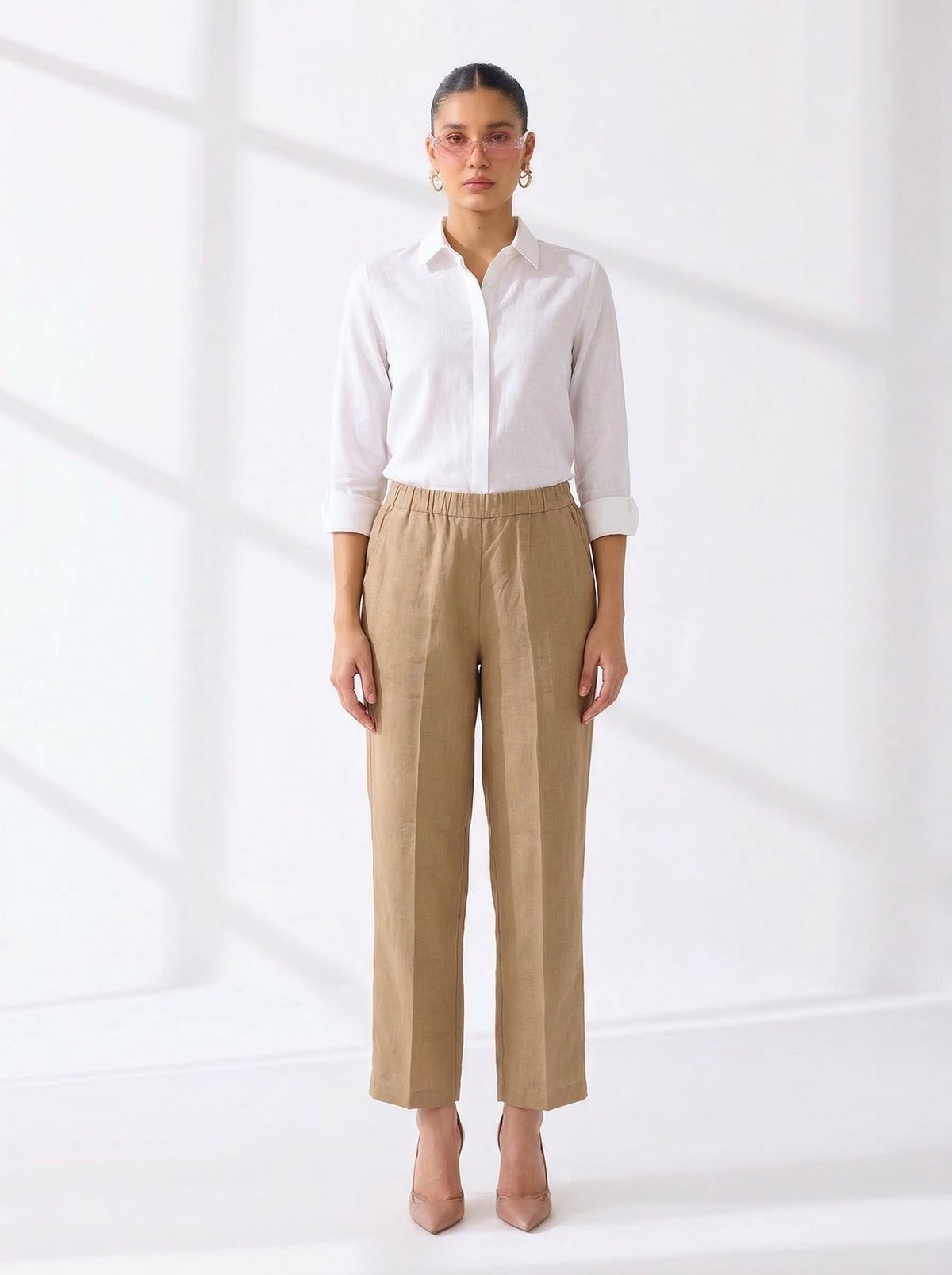 Khaki Linen Relaxed Straight-Leg High-Rise Trousers