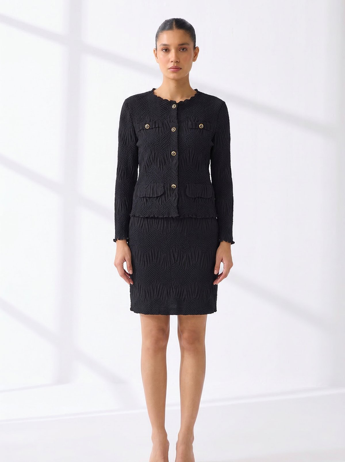 Black Textured Button-Front Top and Pencil Skirt Co-ord Set