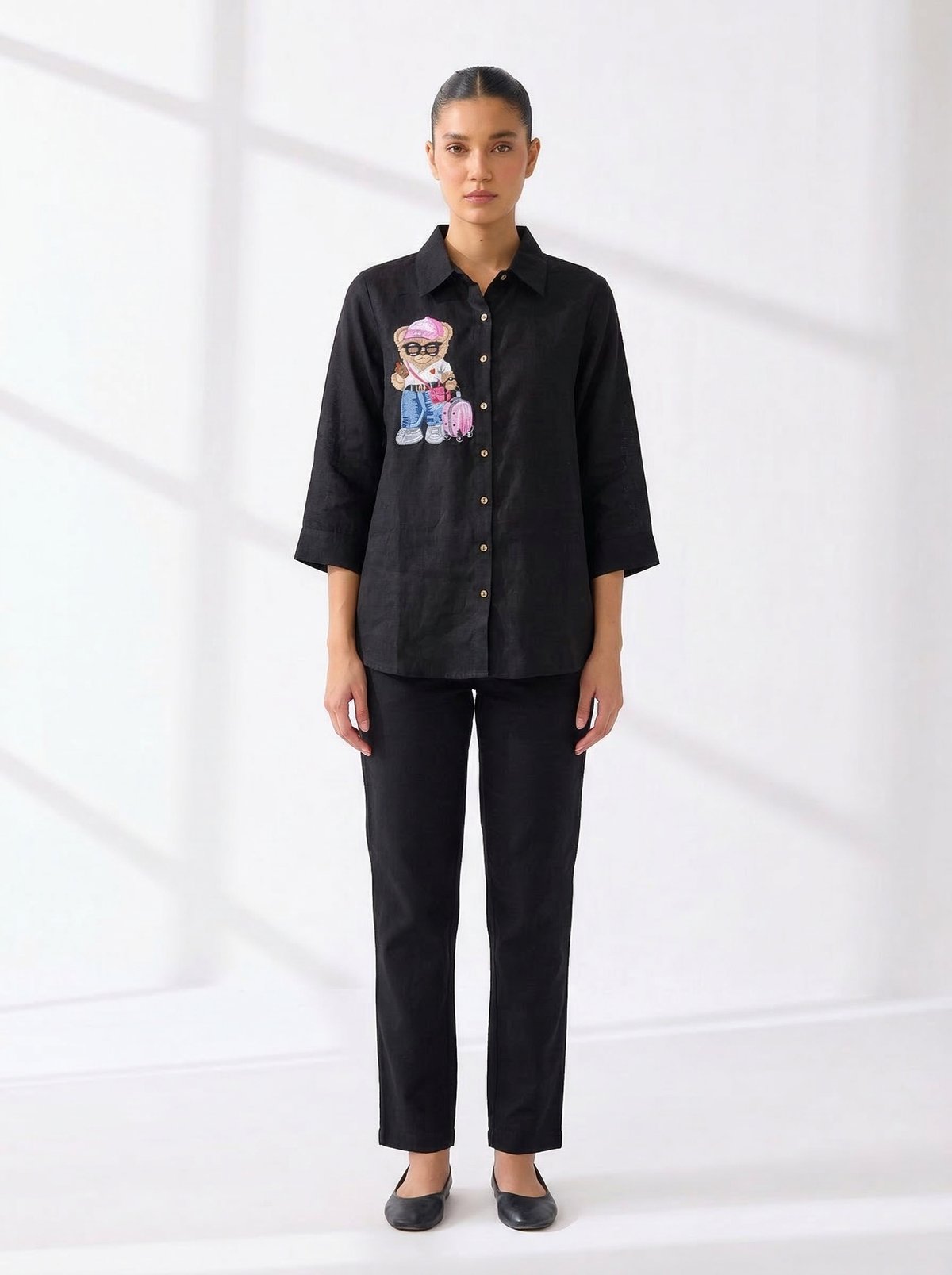 Black Linen Longline Shirt with Chest Patch