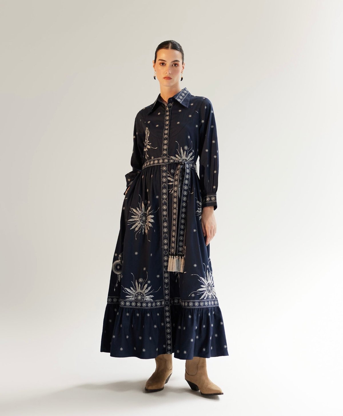 Black Cotton Satin Maxi Shirt Dress with Silver Lurex Embroidery