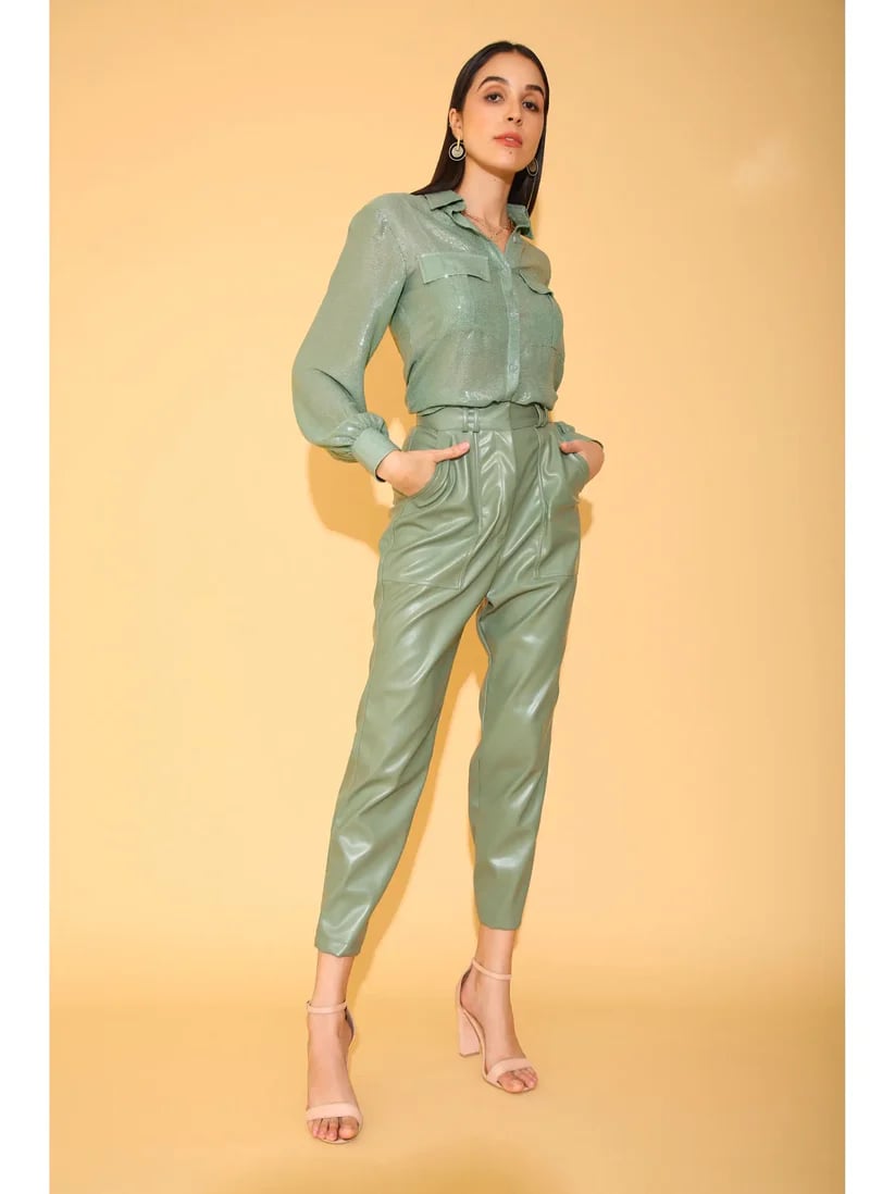 Sage Green High-Rise Faux Leather Tapered Trousers