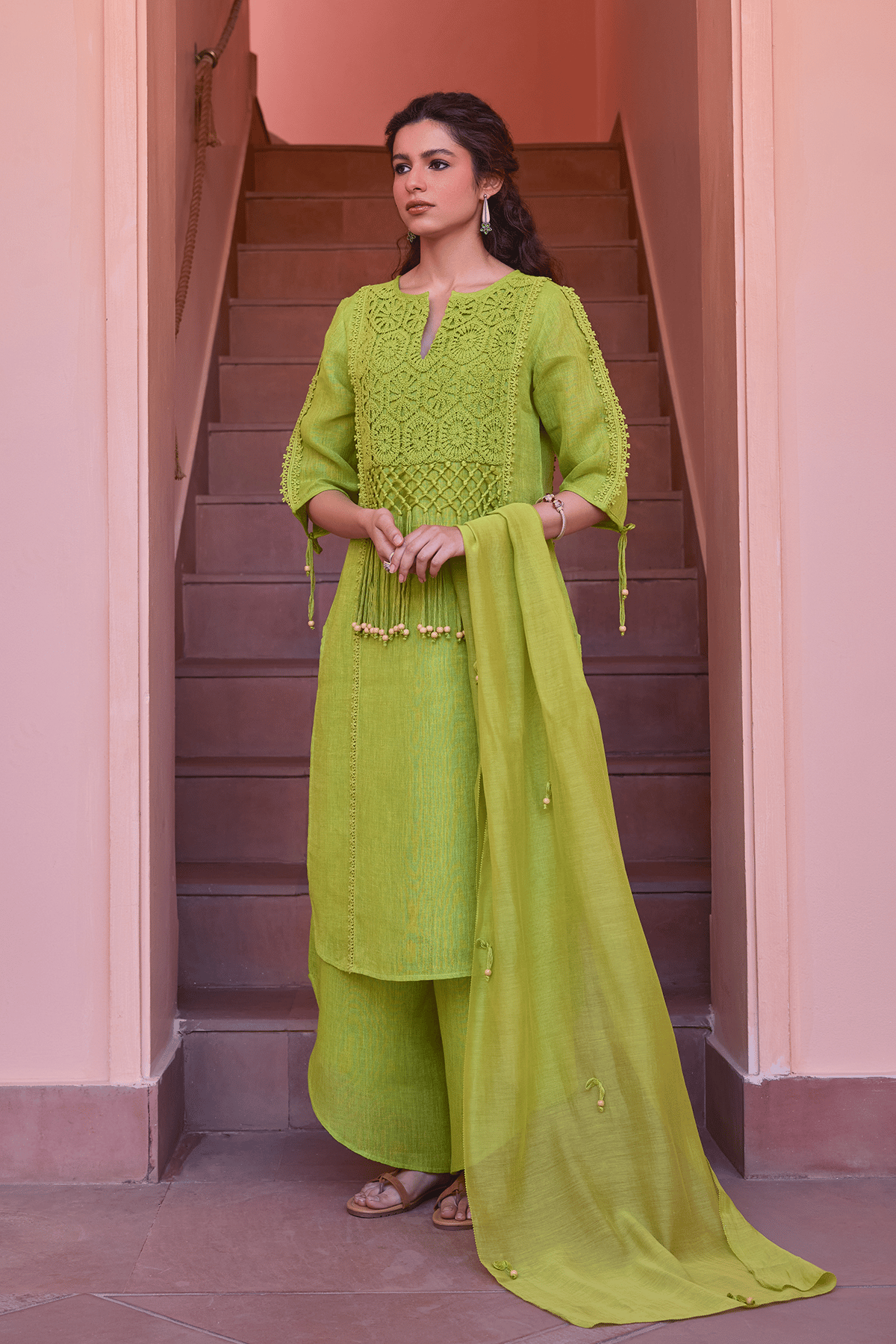 Lime Gauze Linen High-Rise Wide-Leg Palazzos