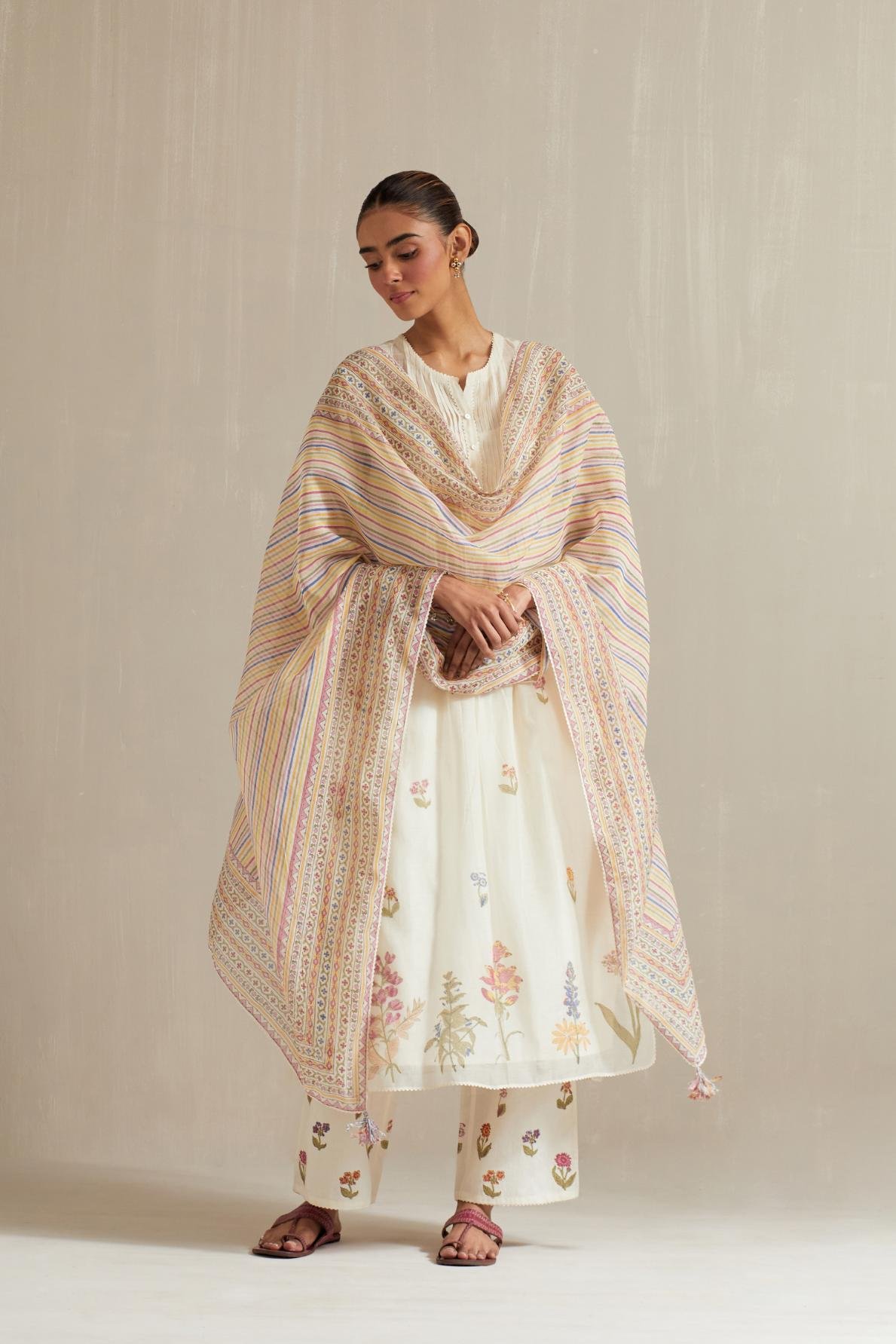 Off White Hand Block Printed Straight Kurta Set