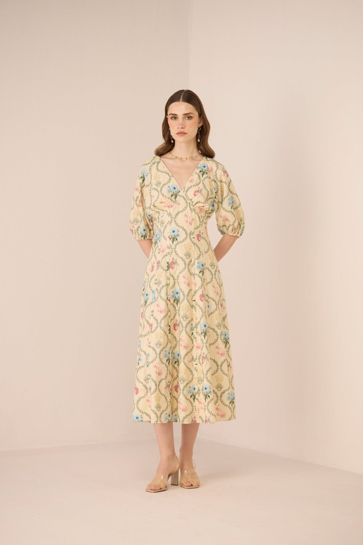 Botanical Lattice Floral Cotton V-Neck Fit and Flare Midi Dress
