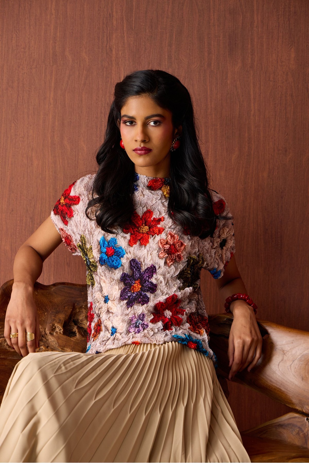 Beige Floral Crush-Pleated High Neck Top