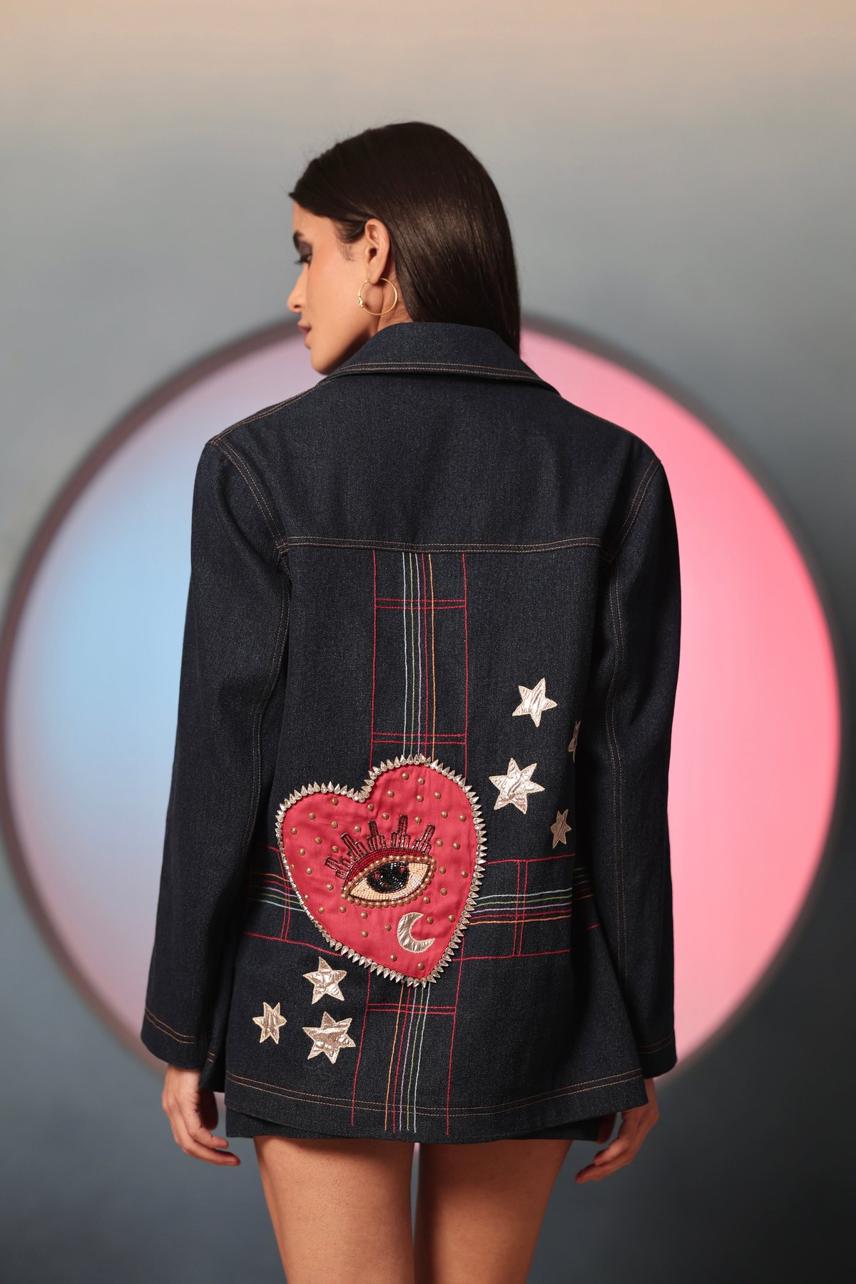 Blue Oversized Checked Denim Jacket with Tie Belt