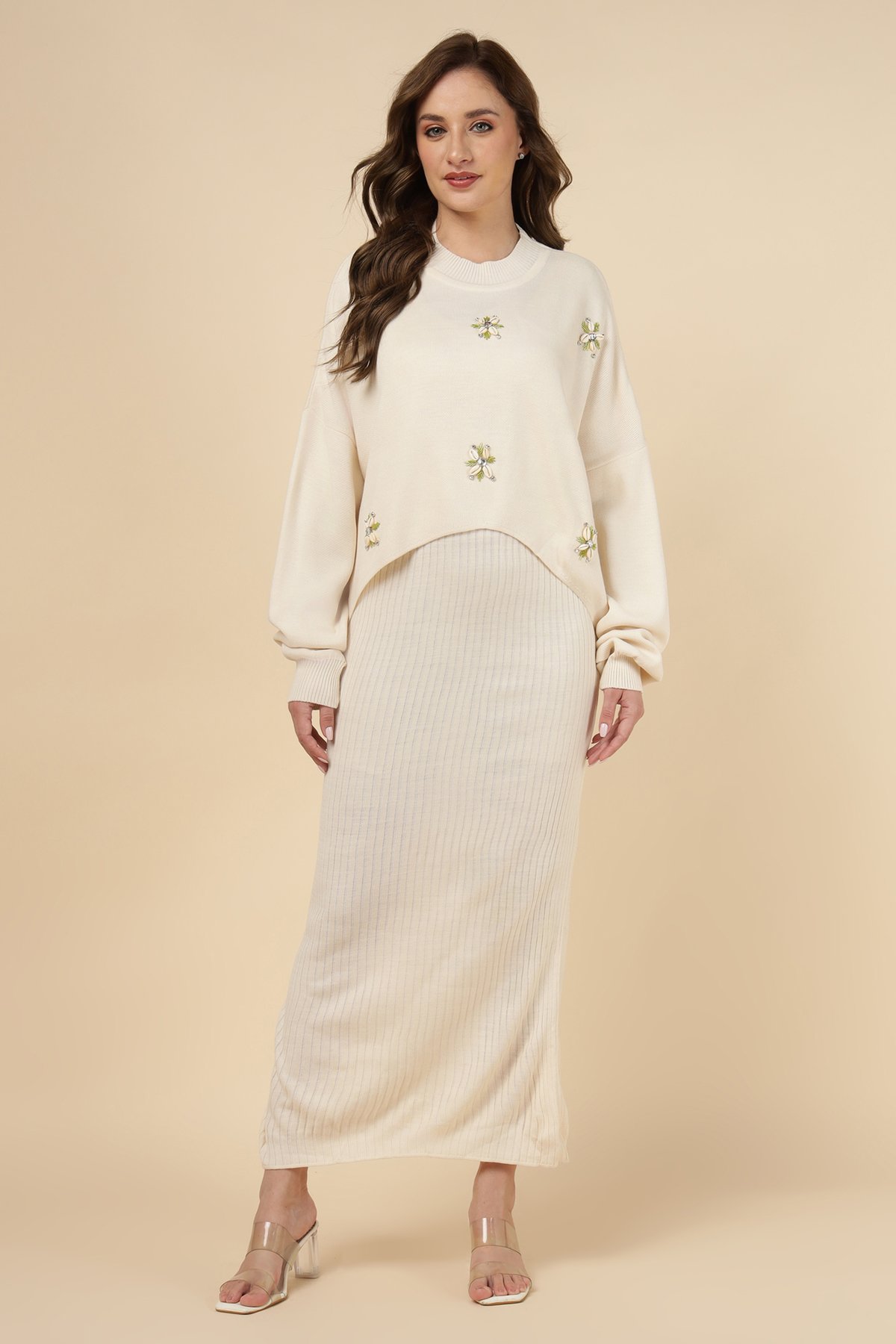Ivory Rib-Knit Maxi Dress with Embellished Sweater