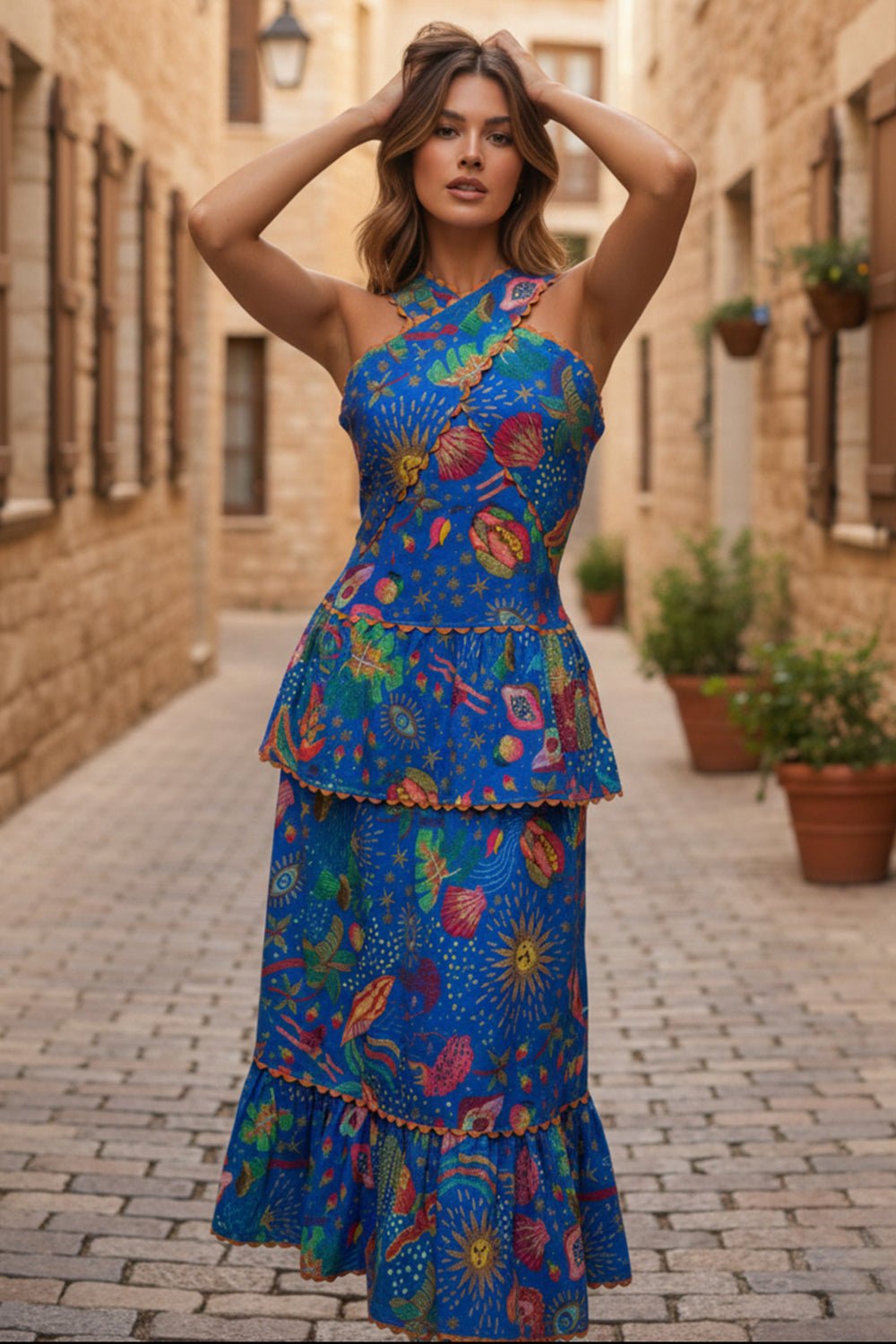 Blue Printed Halter Top and Tiered Maxi Skirt Co-ord Set