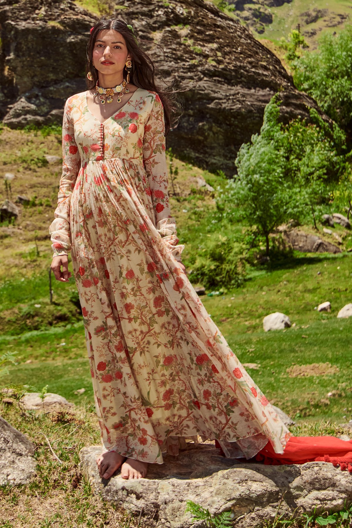 Off-white Floral Print Anarkali