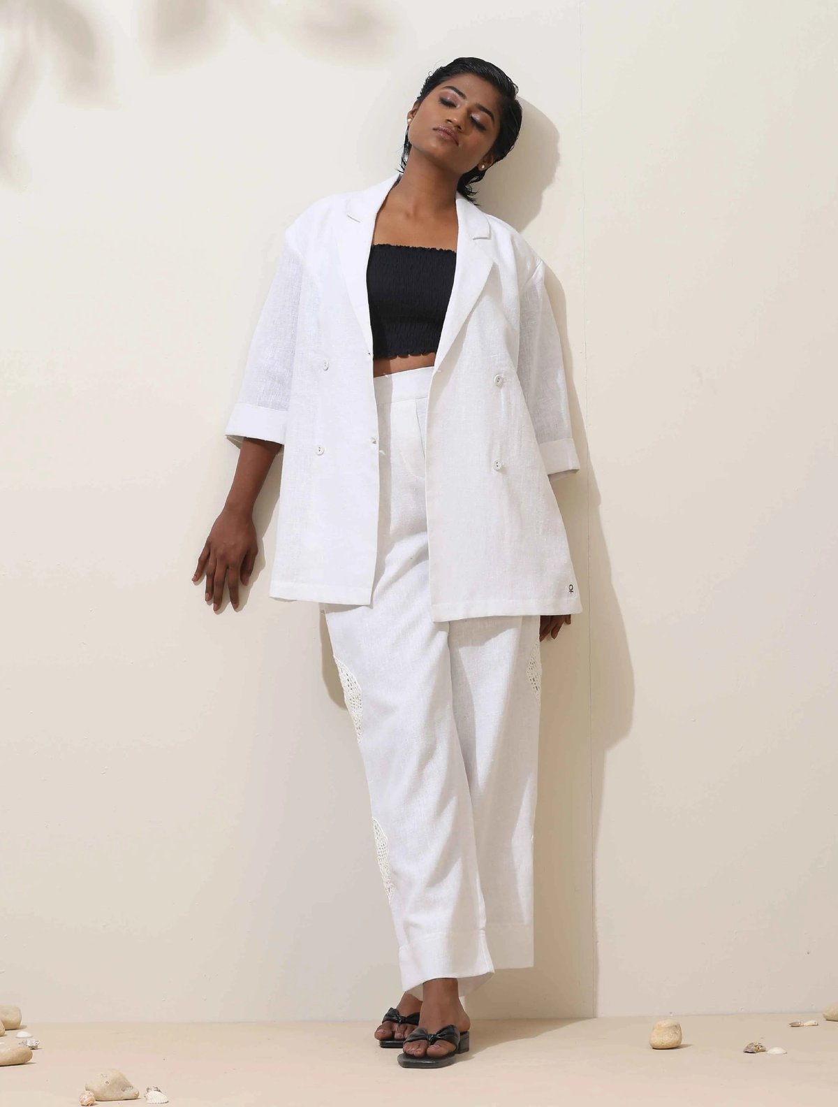 Indus White Crochet Natural Cotton Blazer Co-ord Set