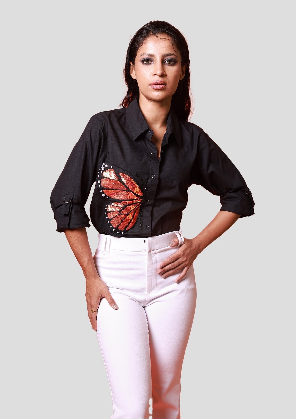 Black Comfort Fit Cotton Shirt with Sequin Embroidery