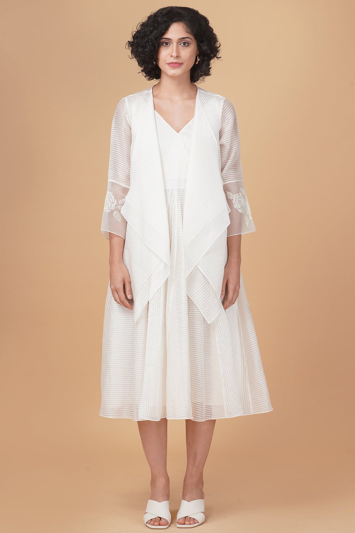 Ivory Stripe Organza Midi Dress and Draped Jacket Set