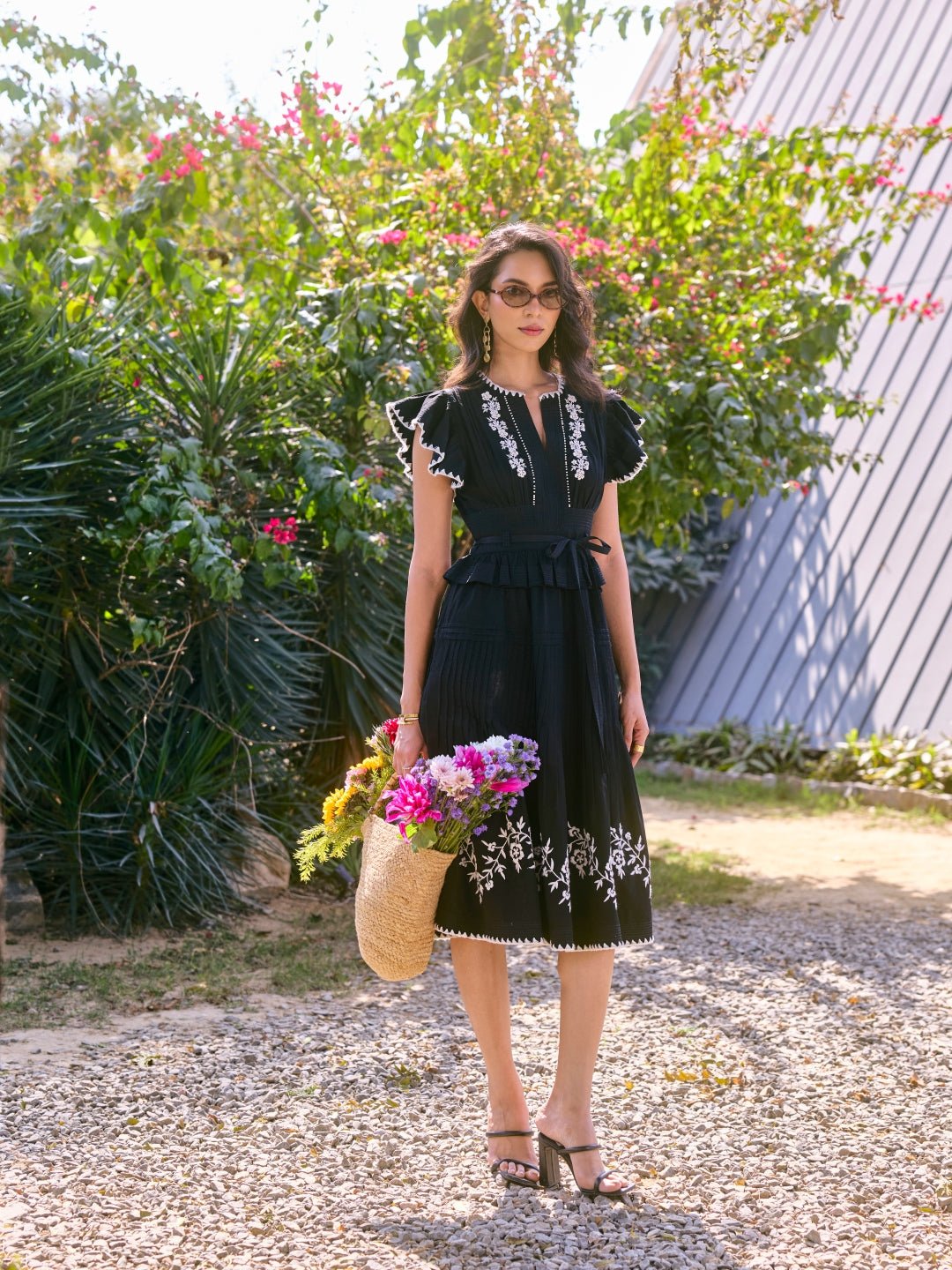 Black Embroidered Fit and Flare Midi Dress