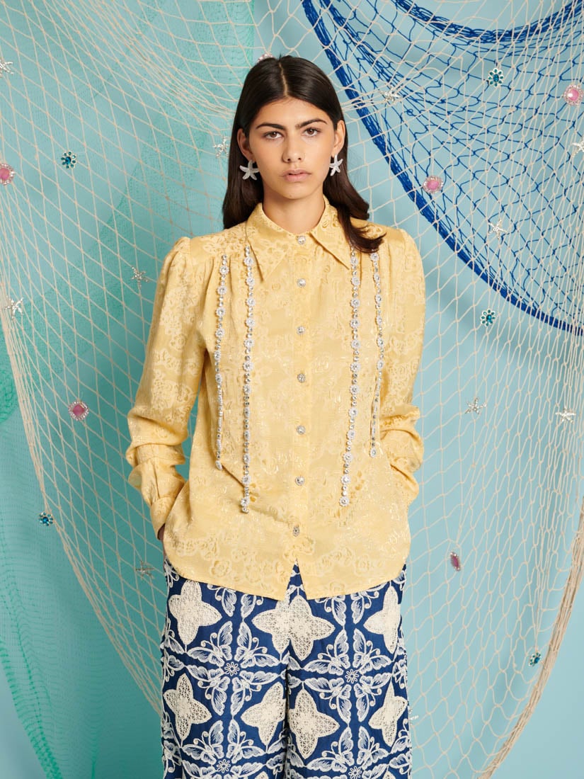 Yellow Jacquard Shirt with Crystal Trim and Buttons