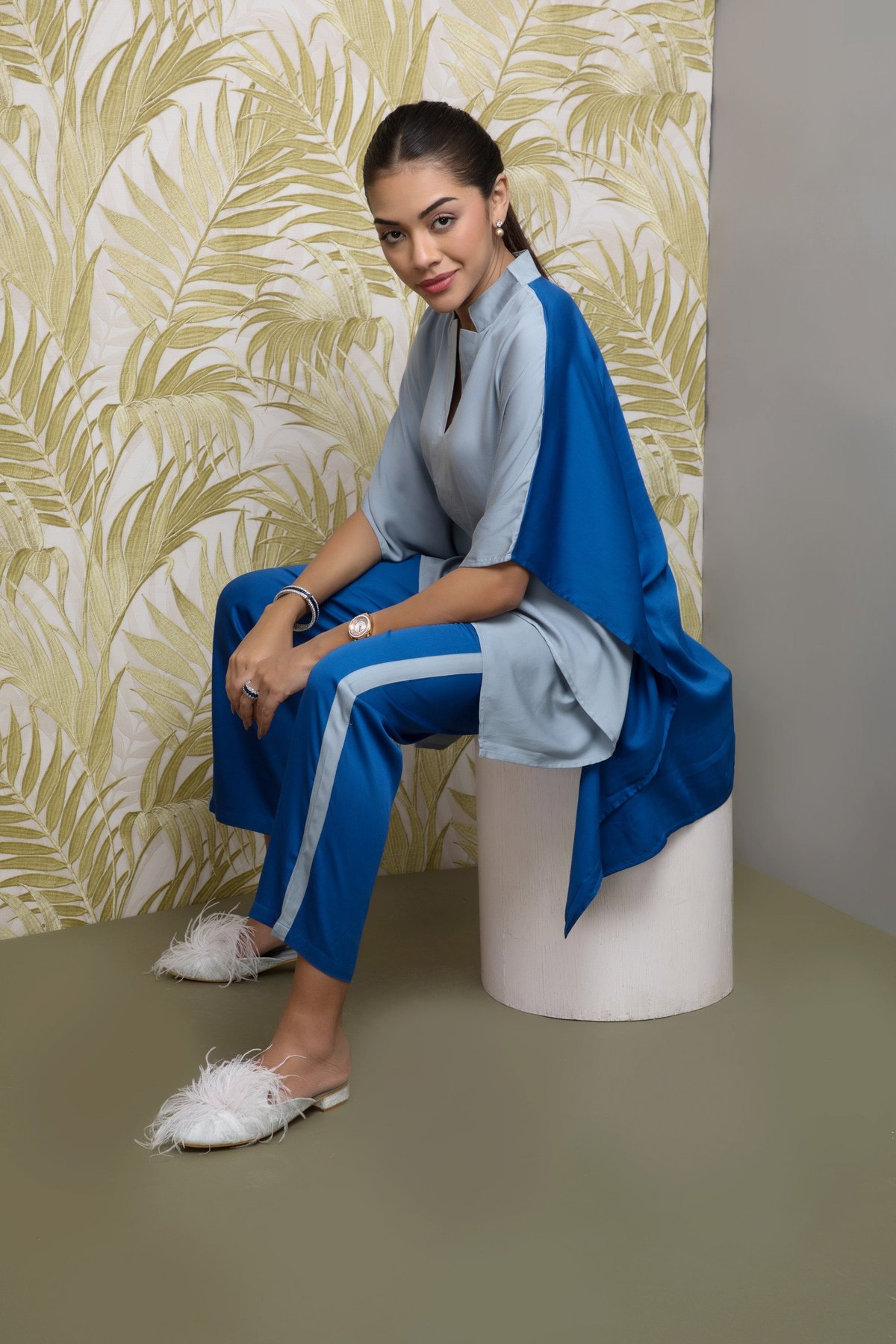 Blue Colorblock Kaftan Top and Tapered Pants Co-ord Set