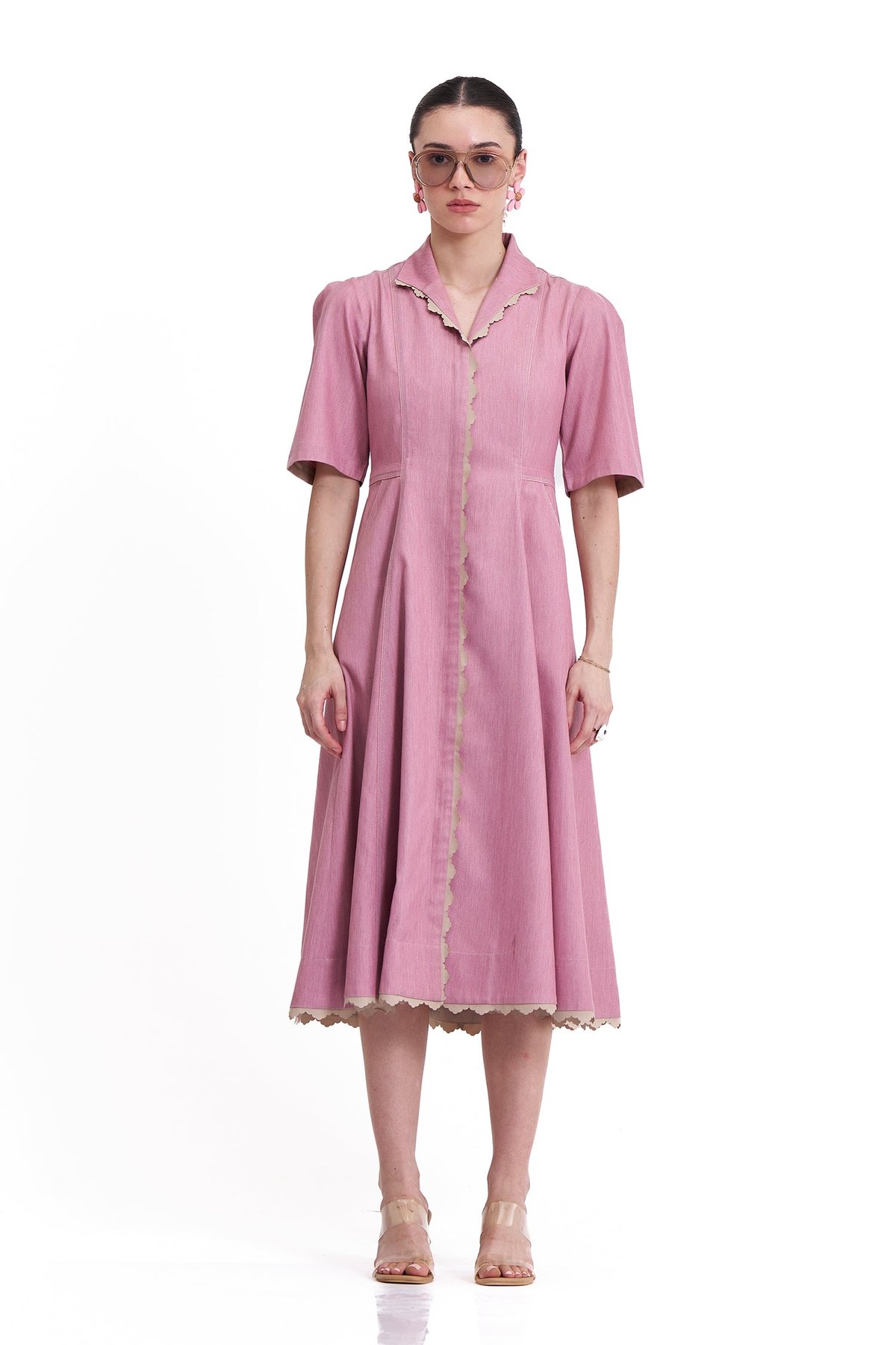 Rosewood Denim Fit and Flare Midi Dress with Zip Front
