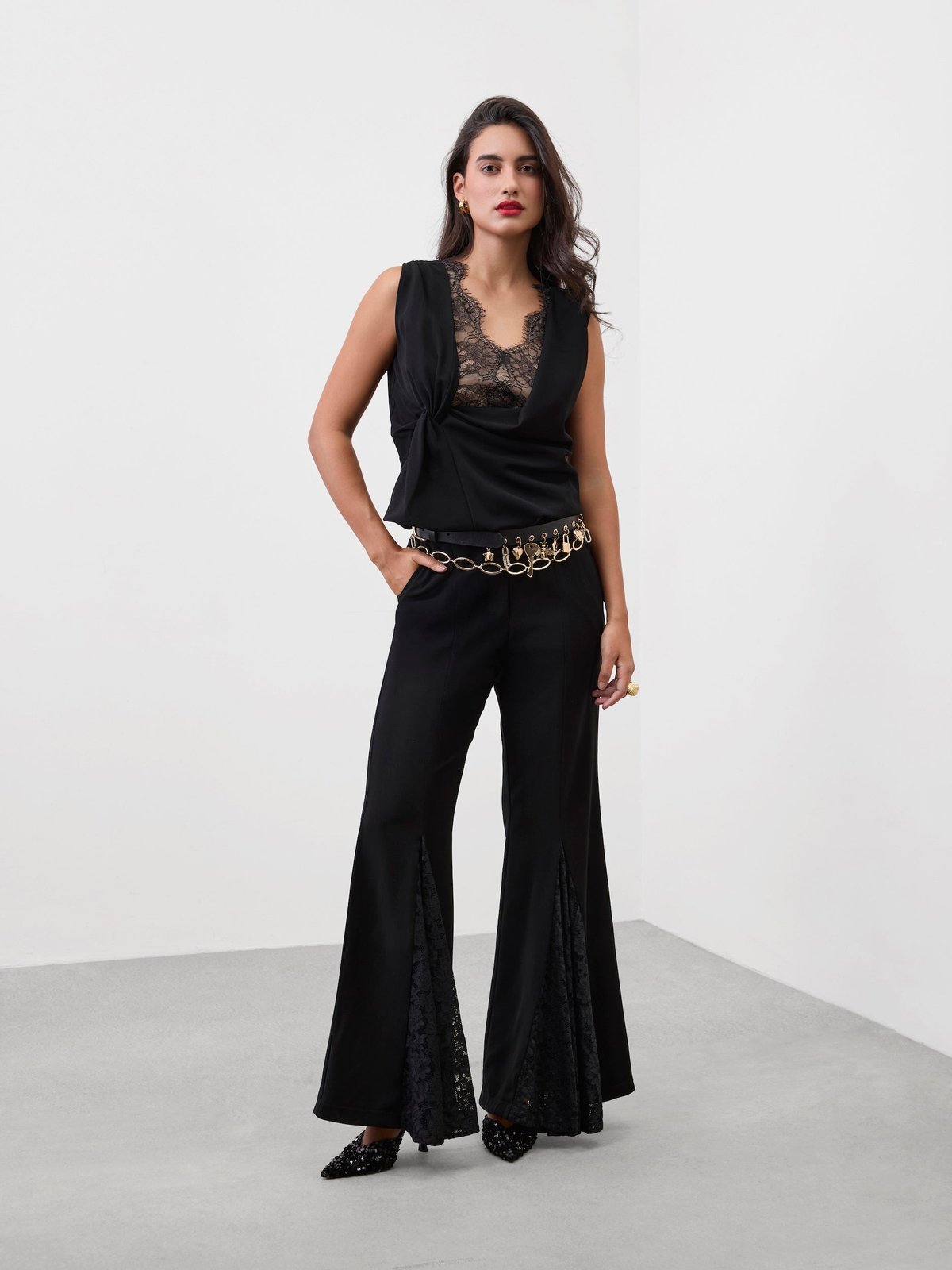 Black High-Waist Bootcut Trousers with Lace Insets