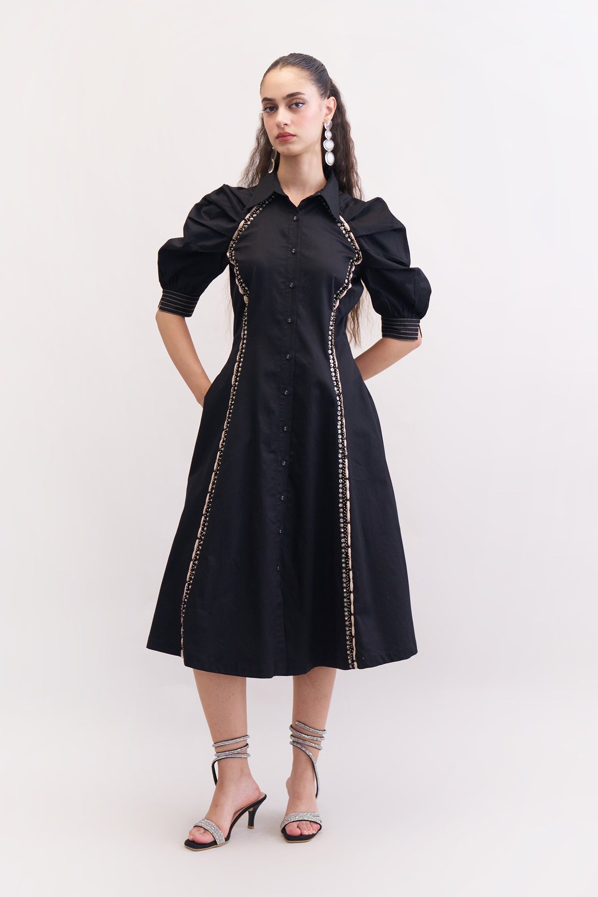 Black Cotton Satin Embellished Button-Down Midi Dress