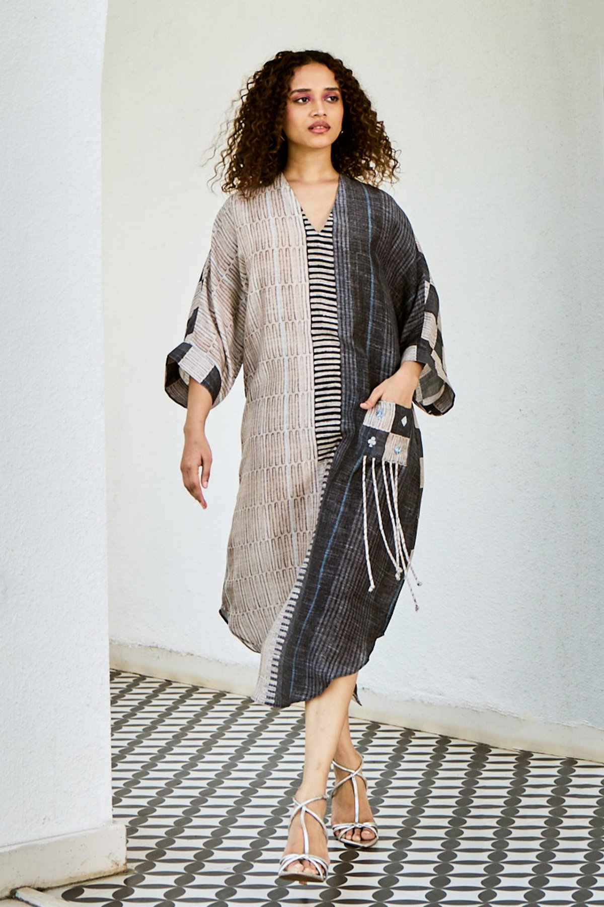 Charcoal Patchwork Midi Dress with V-Neck and 3/4 Sleeves