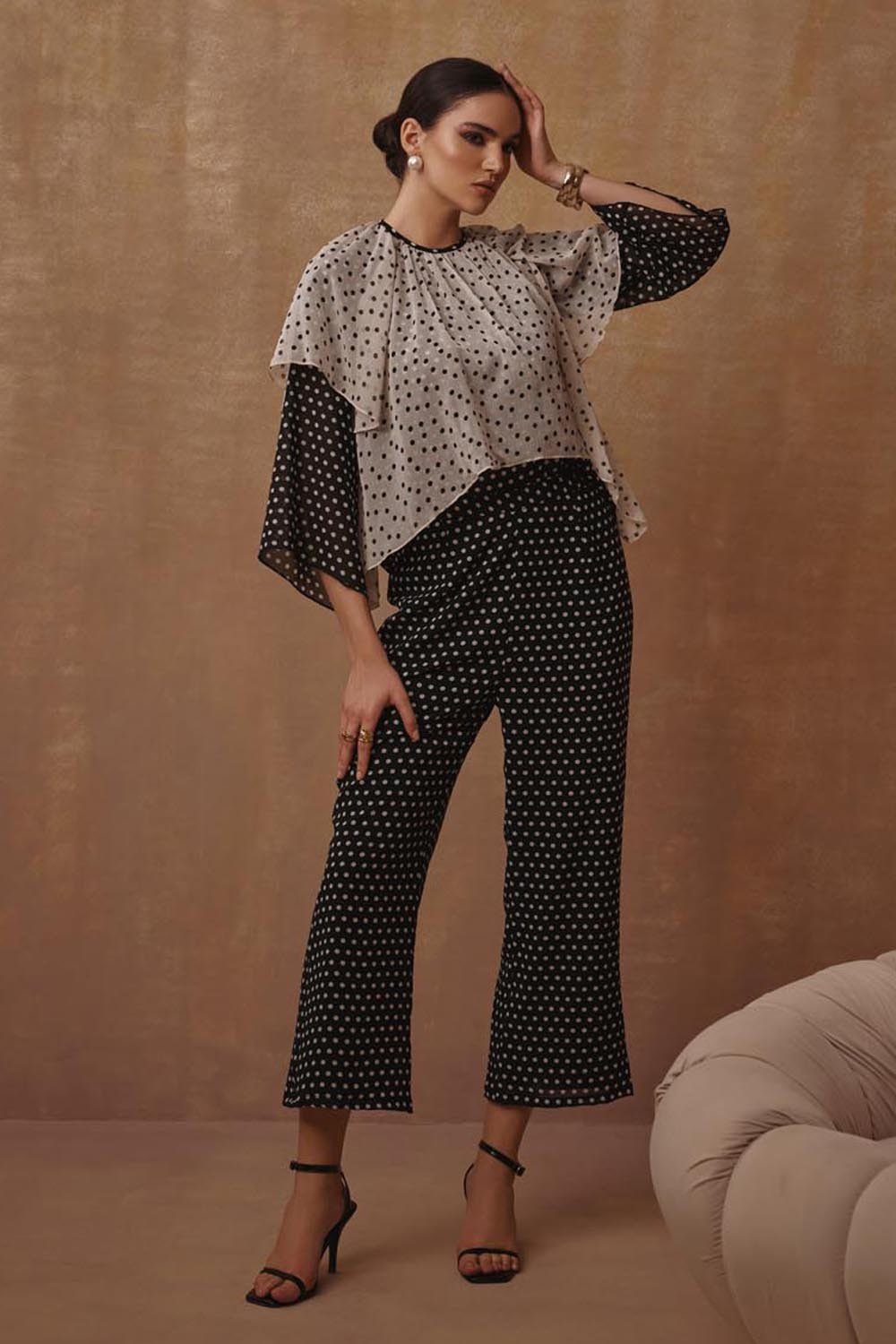 Black and Cream Polka Dot Georgette Co-ord Set