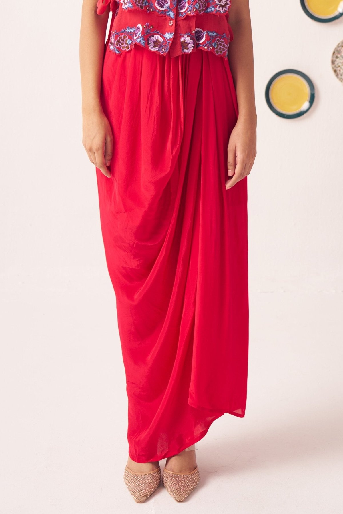 Red Draped Maxi Skirt with Side Slit