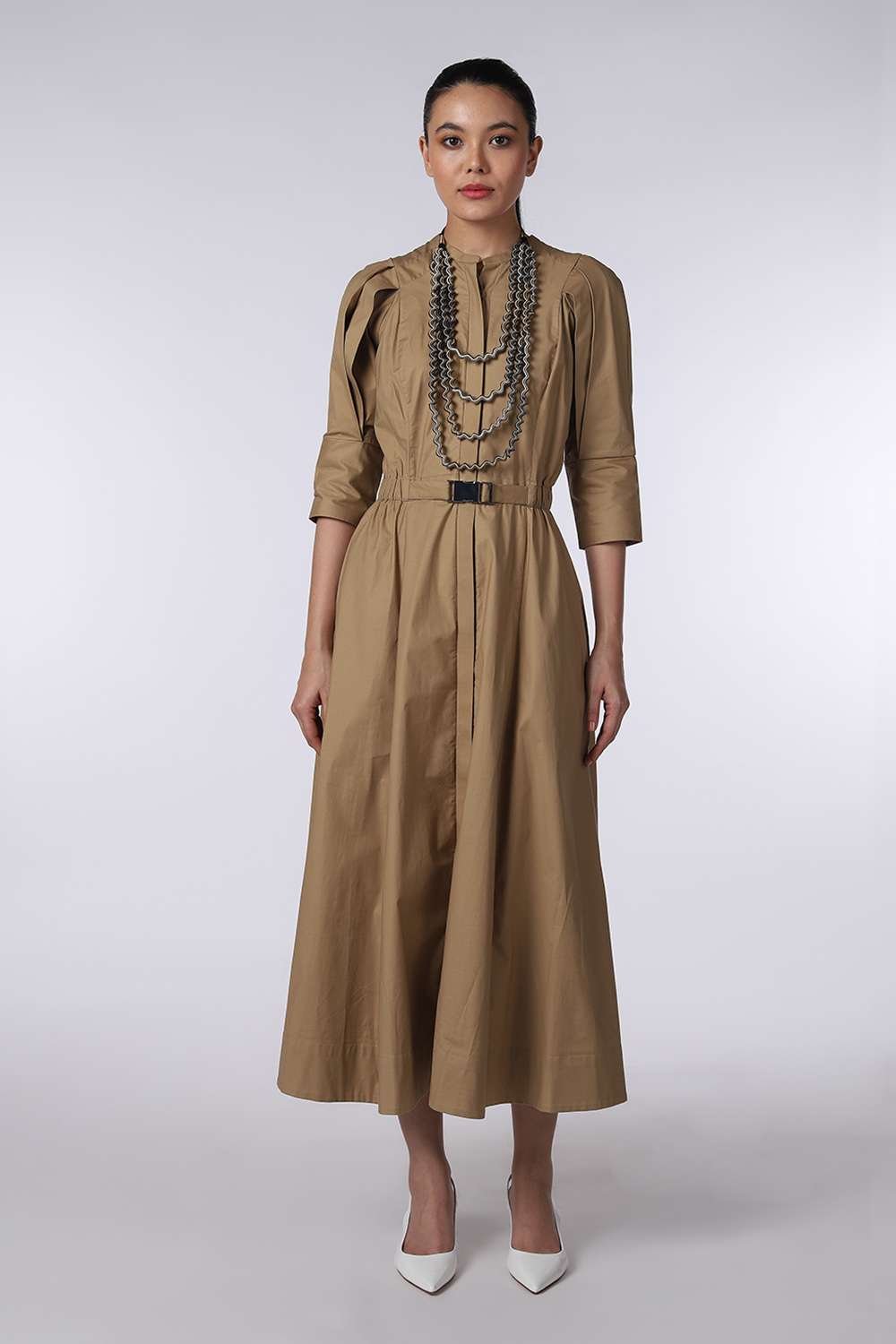 Beige Midi Fit and Flare Shirt Dress with Belt