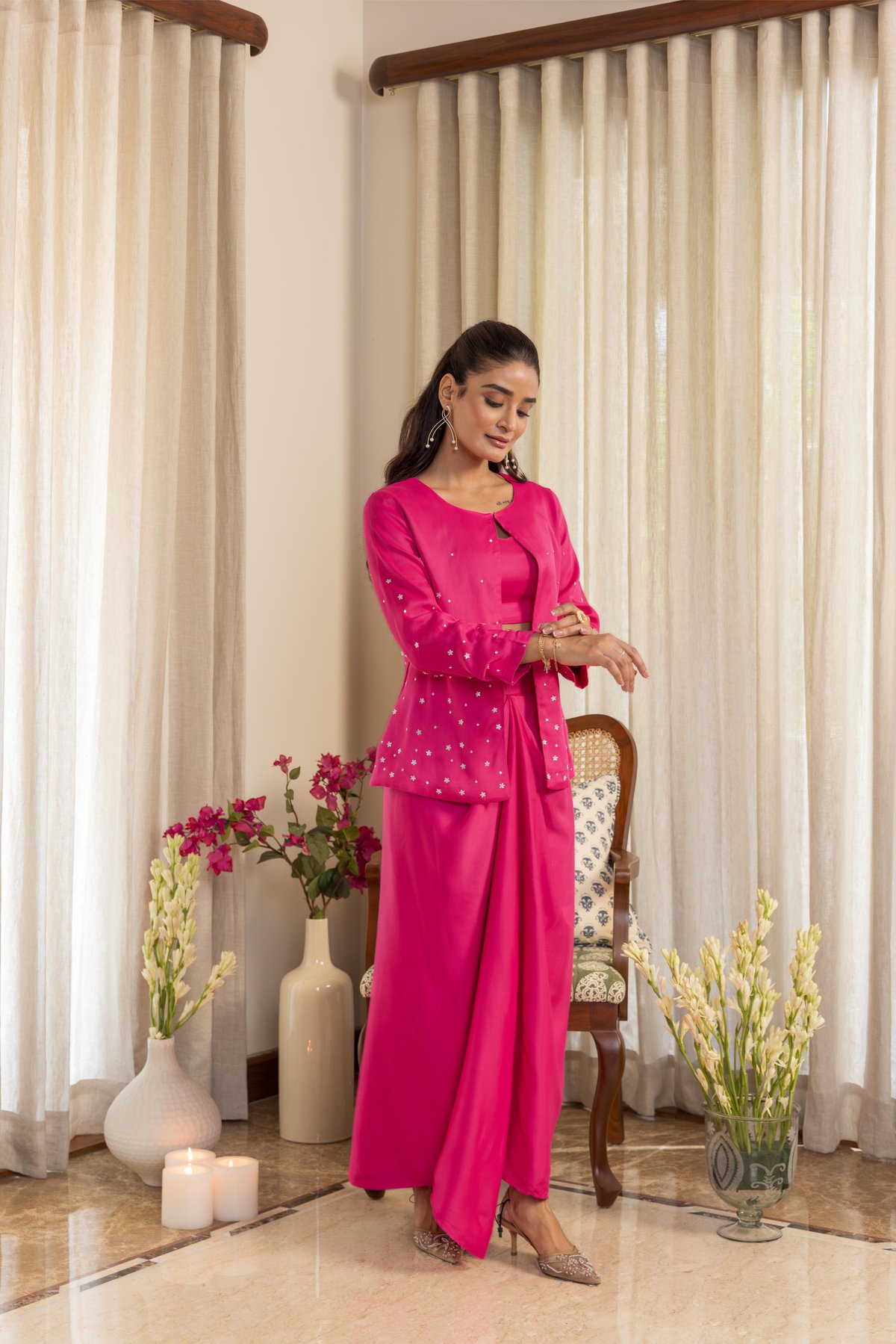 Hot Pink Satin 3-Piece Co-ord Set with Draped Maxi Skirt