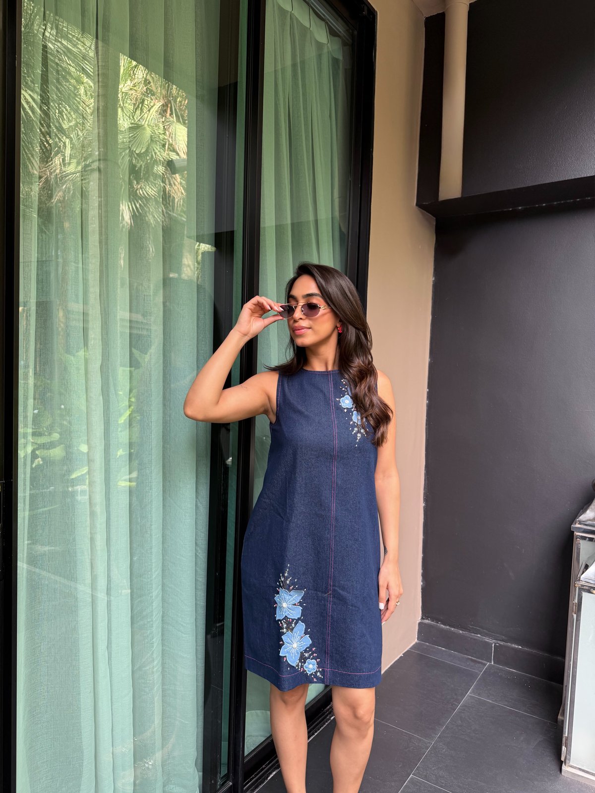 Denim Blue Sleeveless Floral Appliqué Knee-Length Dress