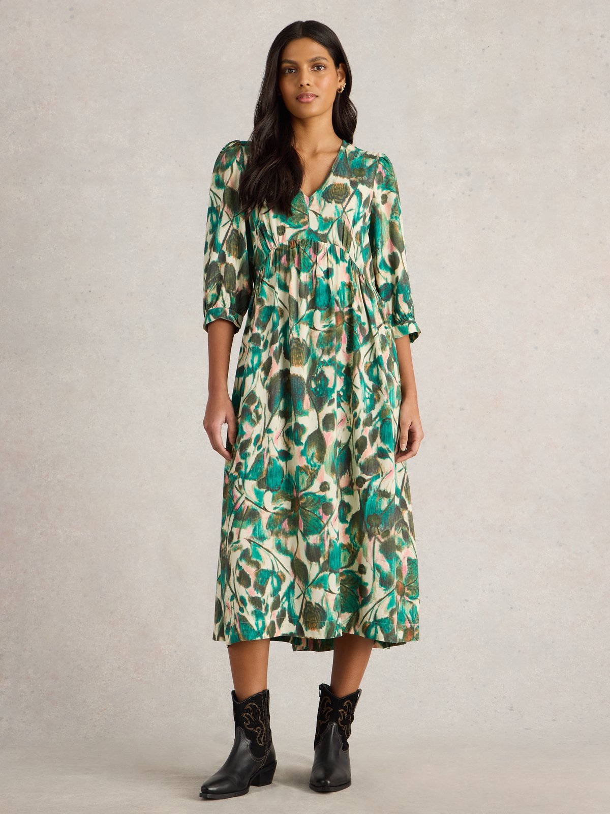 Green Print V-Neck Midi Dress with 3/4 Sleeves