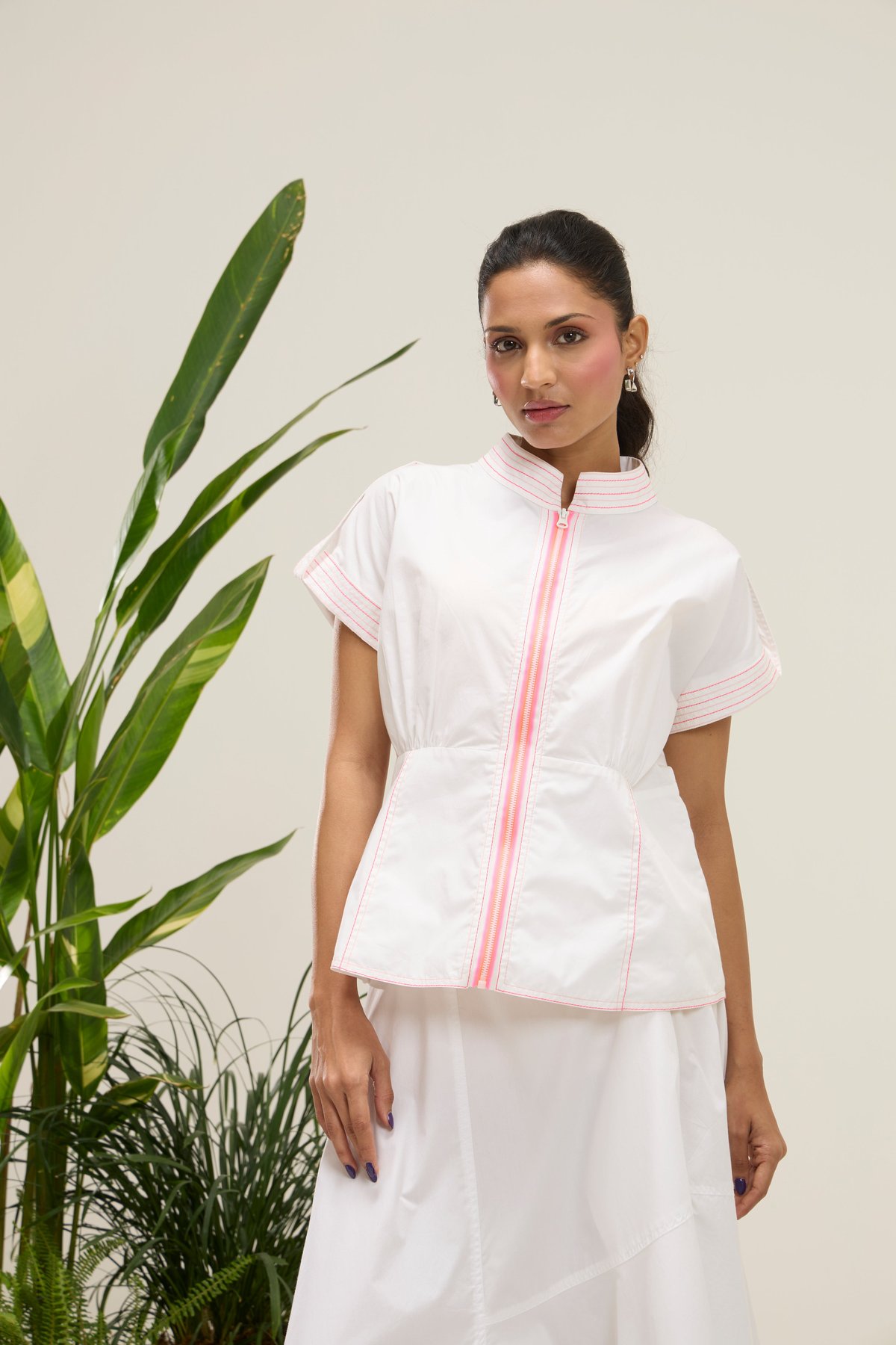 Bright White Zip-Front Mandarin Collar Shirt