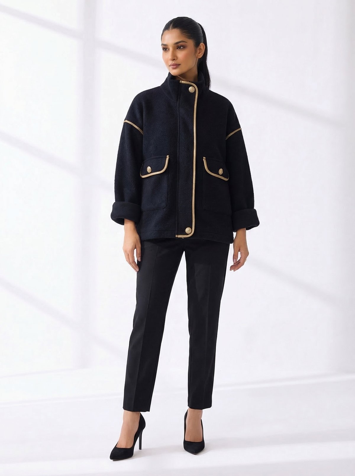 Black High-Neck Boxy Jacket with Contrast Piping