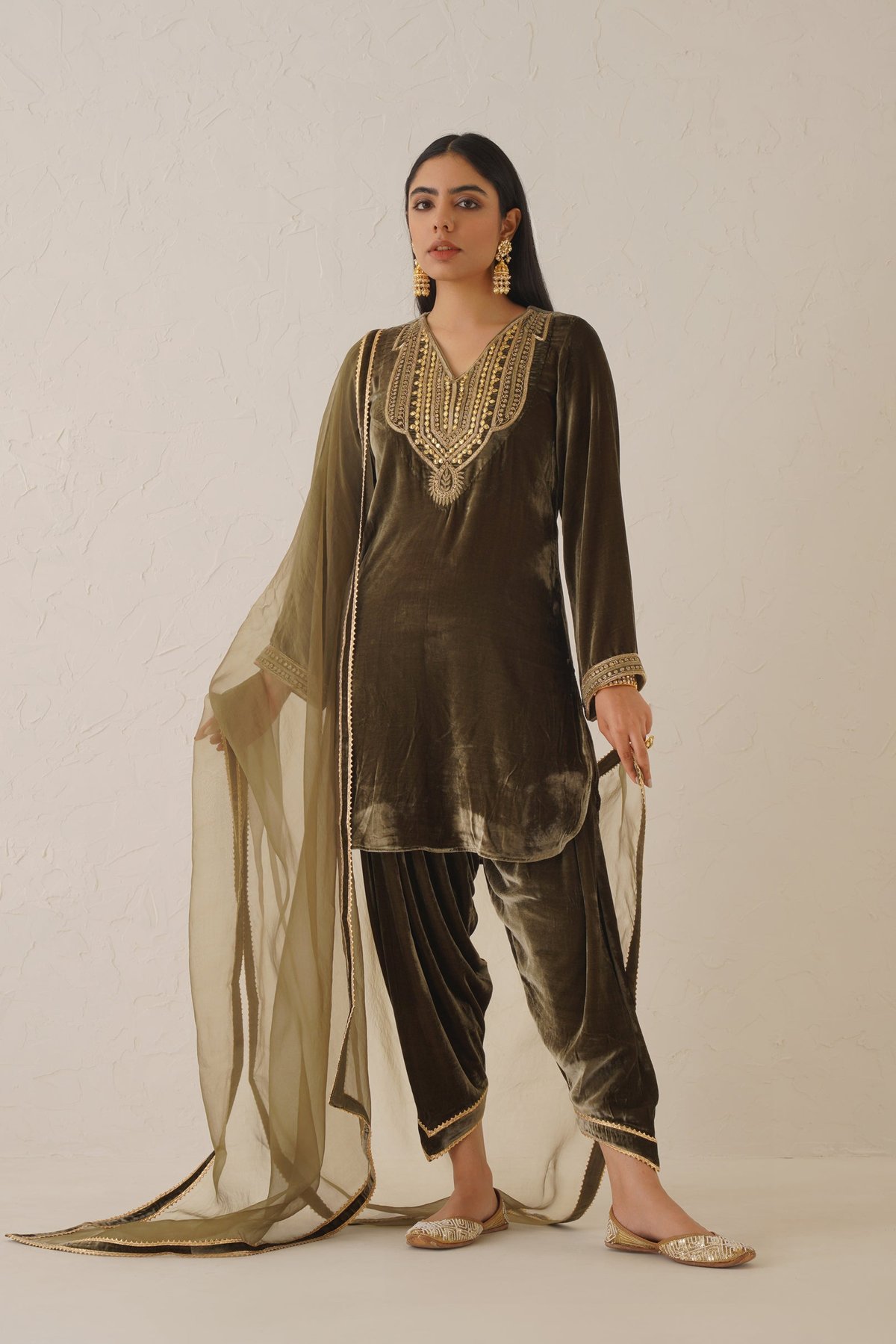 Olive Green Velvet Embroidered Kurta Set With Dupatta