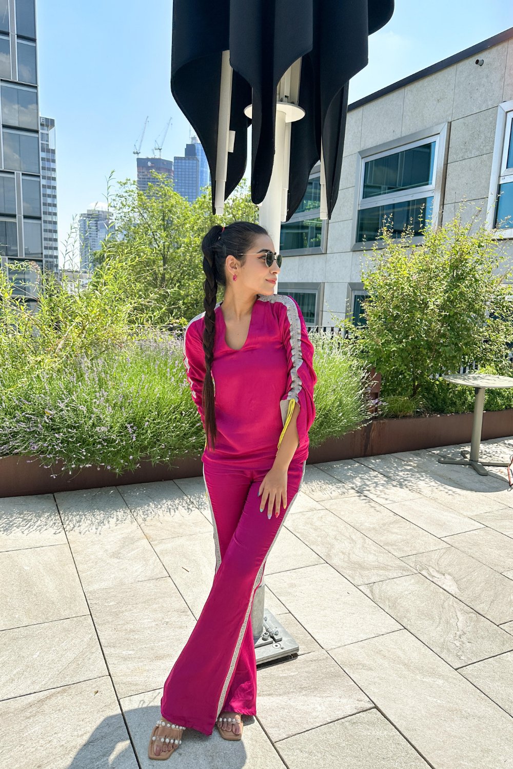 Wine/Grey Ruched Co-ord Set with V-Neck Top and Flared Pants